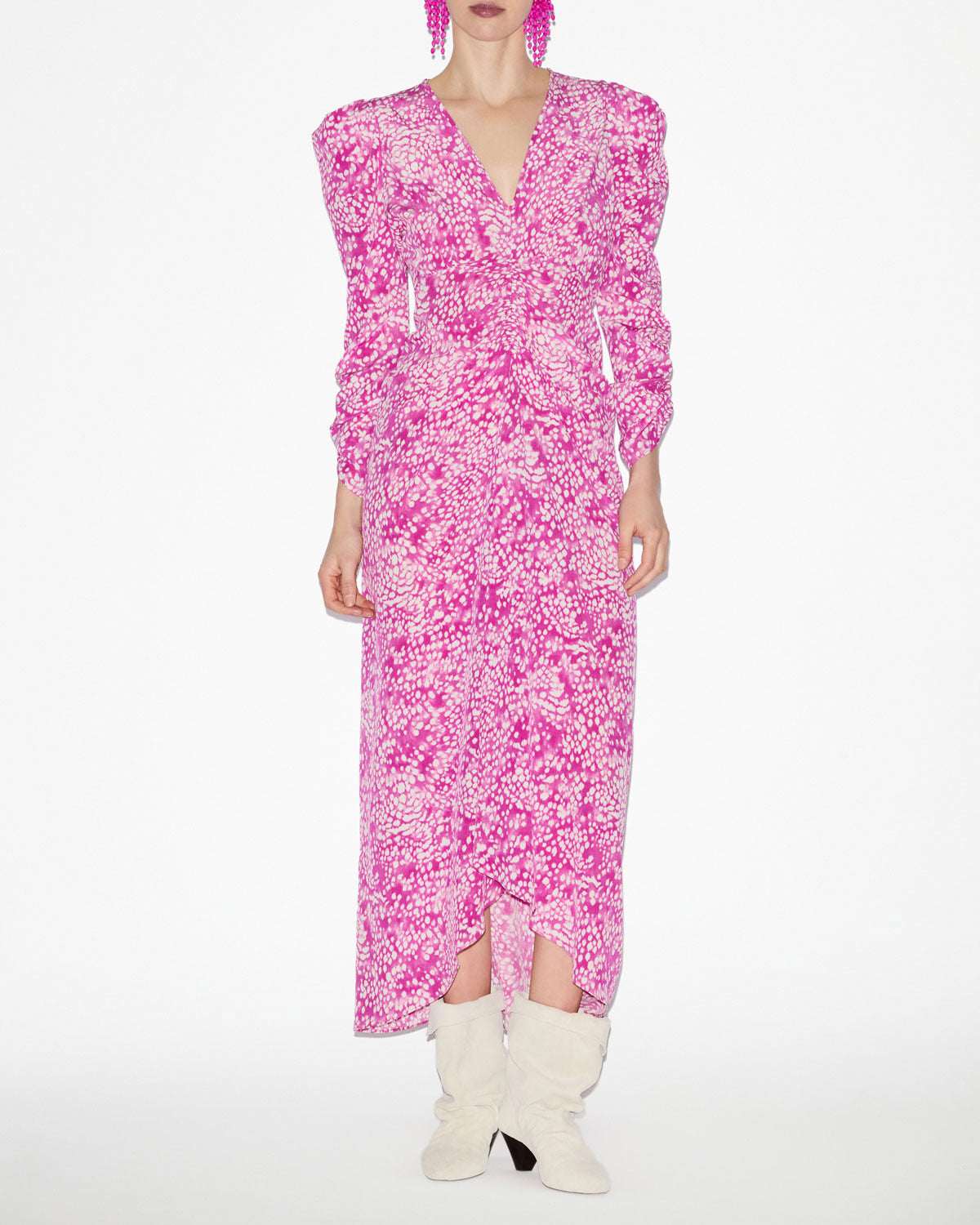 알비니(albini) 멜란지 실크 개더 주름 미디 기장 드레스 - Fuchsia-white - Woman - 1