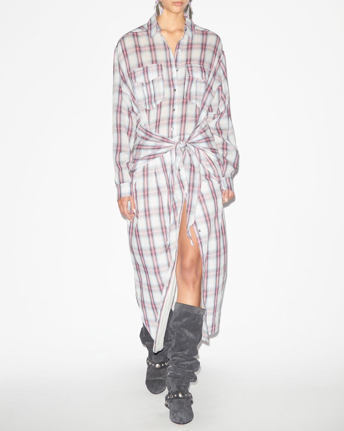 Abito a camicia nesly in voile di cotone a quadri - Ecru-pink - Woman - 1