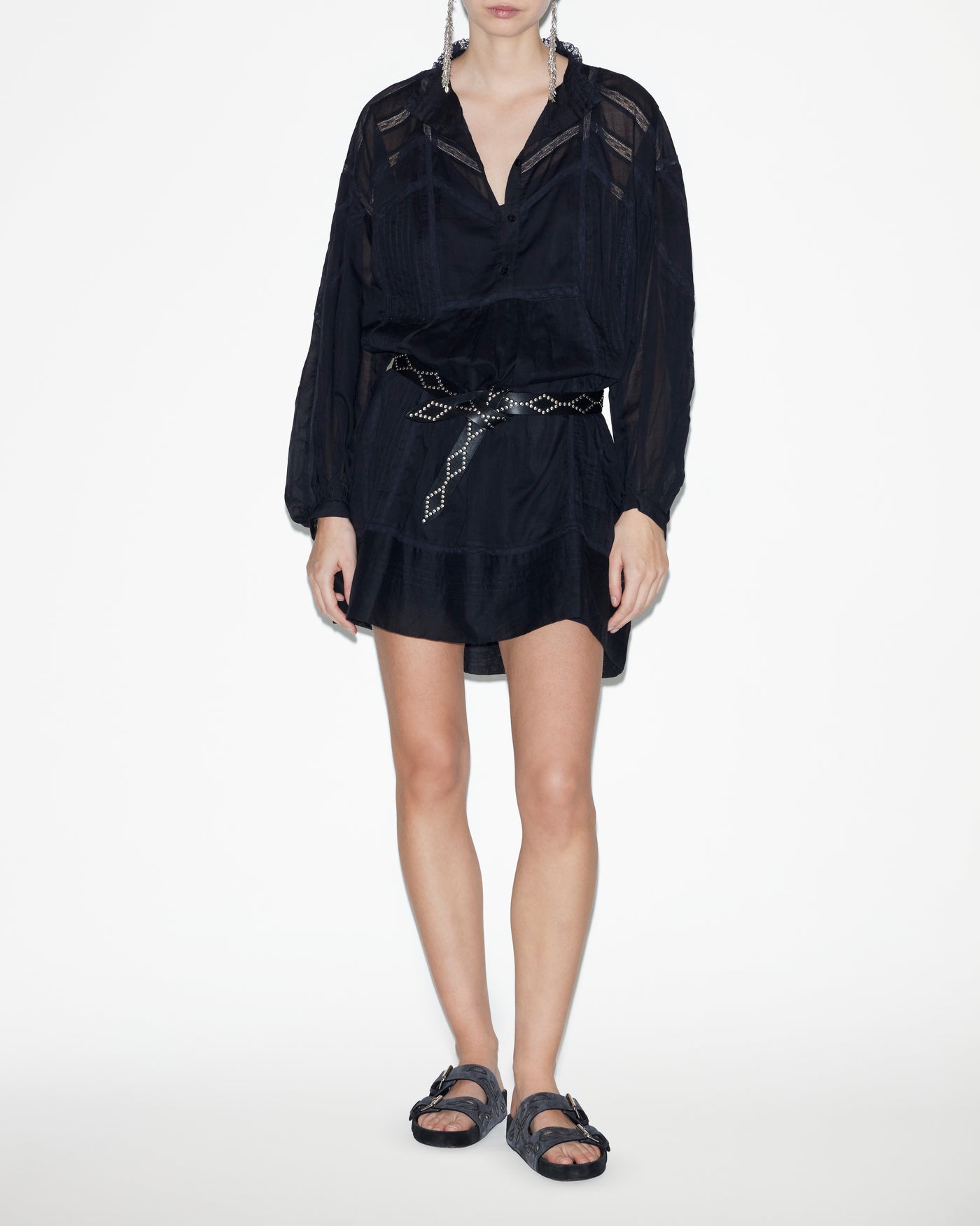 Abito galia in voile di cotone e pizzo tinta unita - Nero - Woman - 1