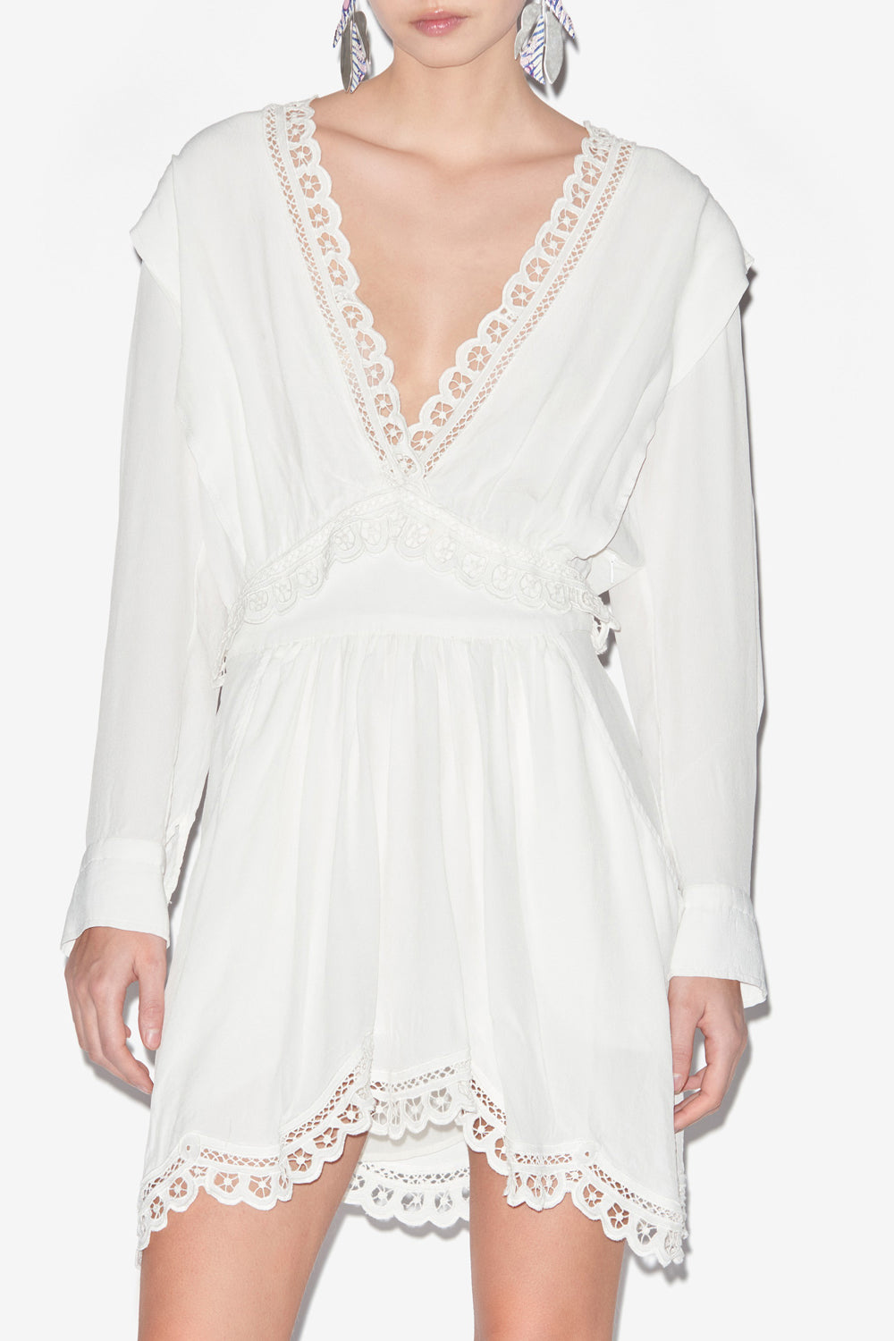 Abito felie corto in crêpe tinta unita con pizzo sangallo - Bianco - Woman - 4