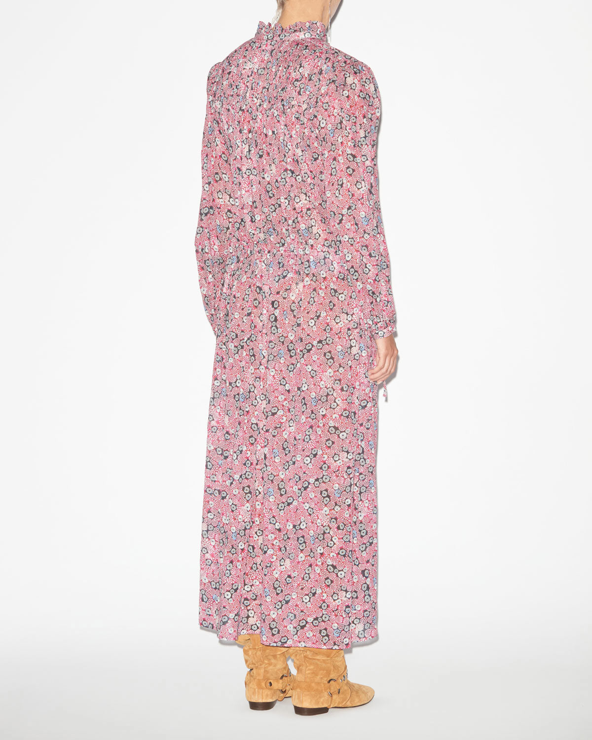 Abito dalida in voile di cotone stampato con punto smock - Raspberry-black - Woman - 4