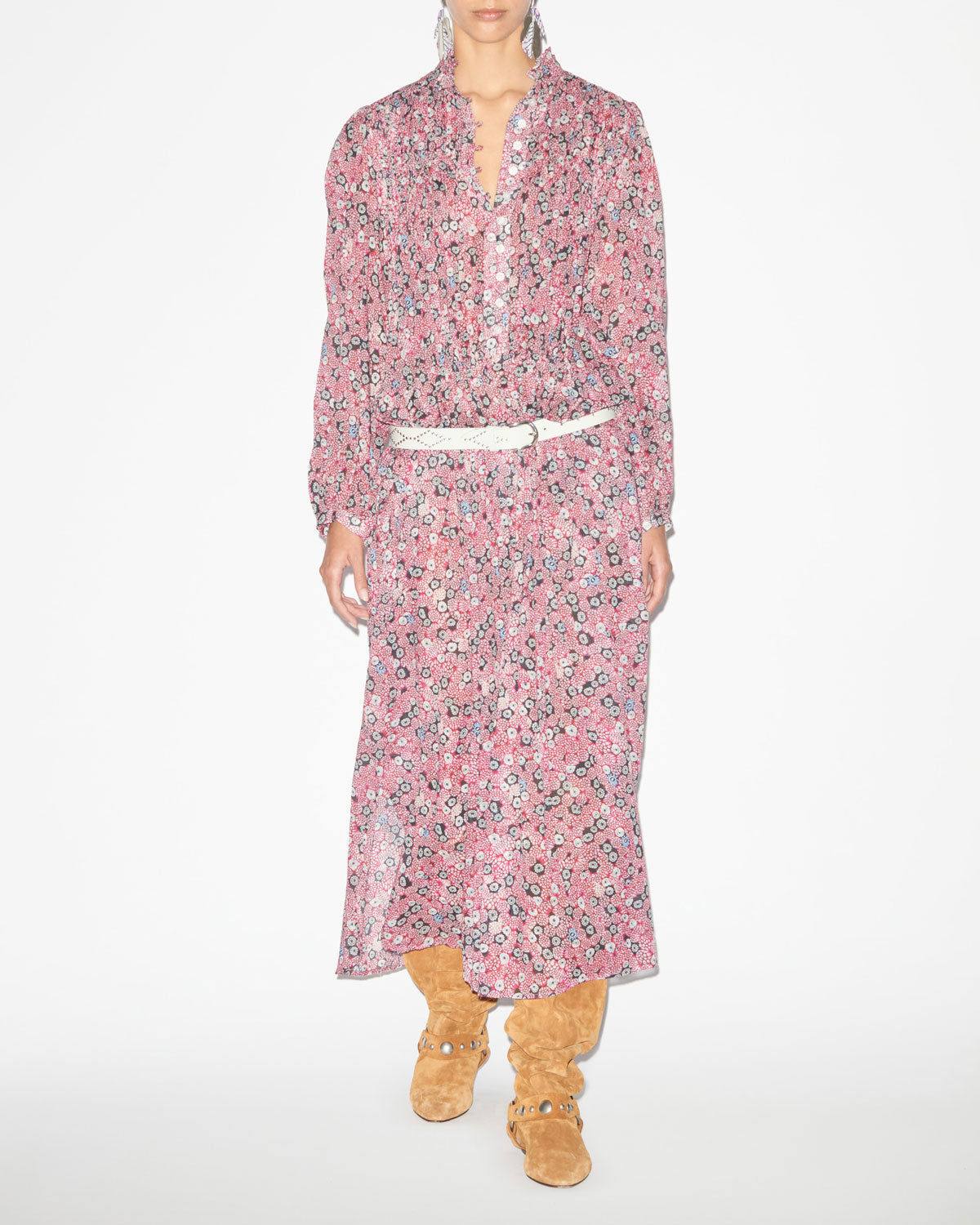 Abito dalida in voile di cotone stampato con punto smock - Raspberry-black - Woman - 1