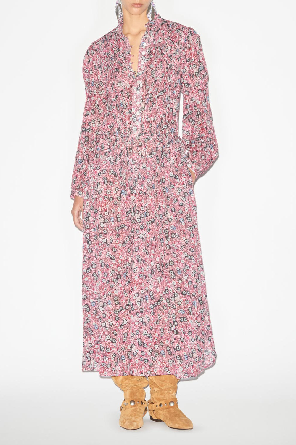 Abito dalida in voile di cotone stampato con punto smock - Raspberry-black - Woman - 4