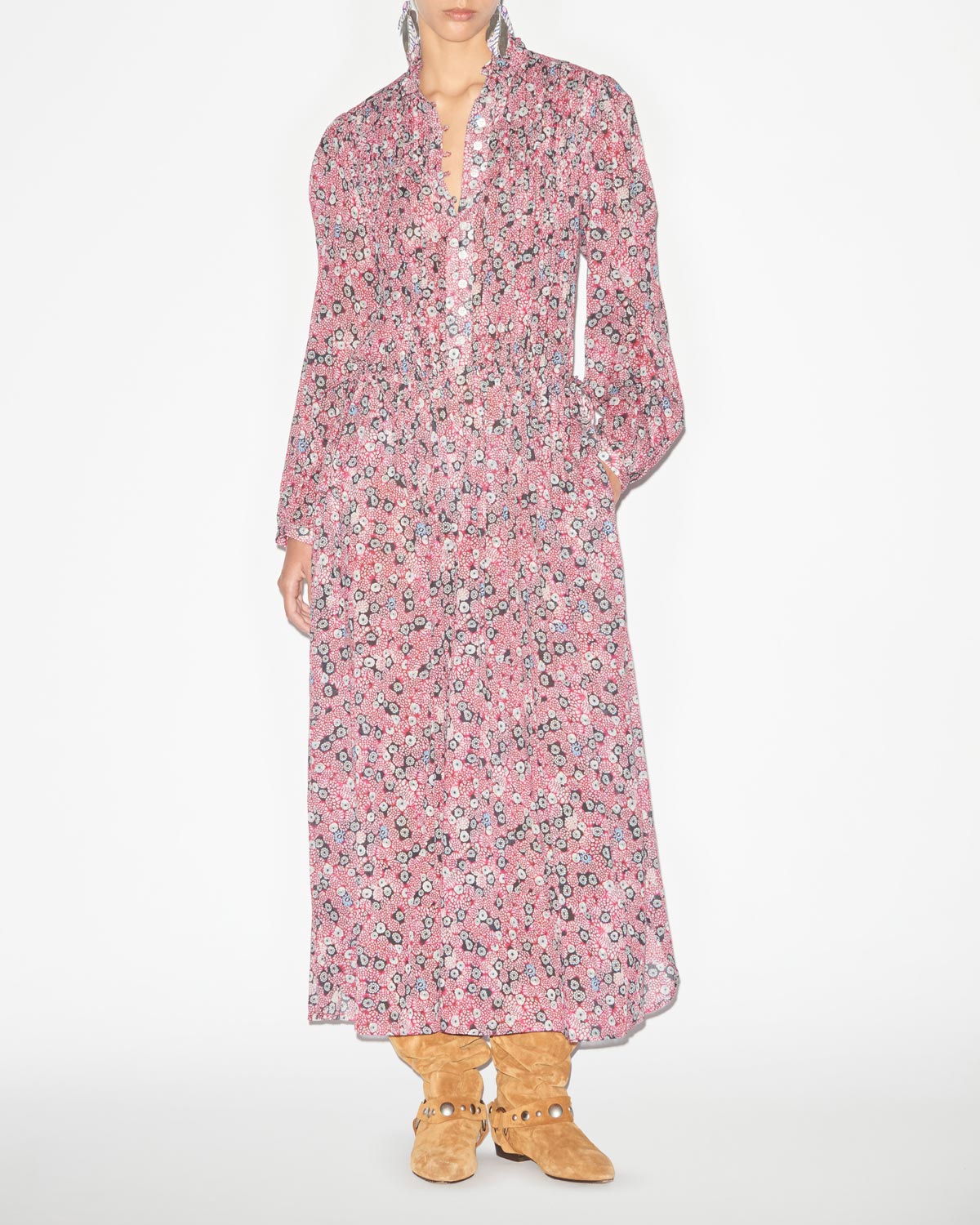 Abito dalida in voile di cotone stampato con punto smock - Raspberry-black - Woman - 3