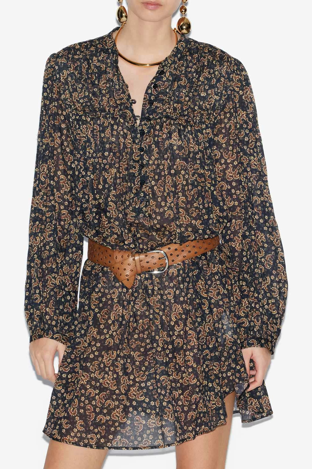 Abito danael in voile di cotone stampato con punto smock - Black-ochre - Woman - 4