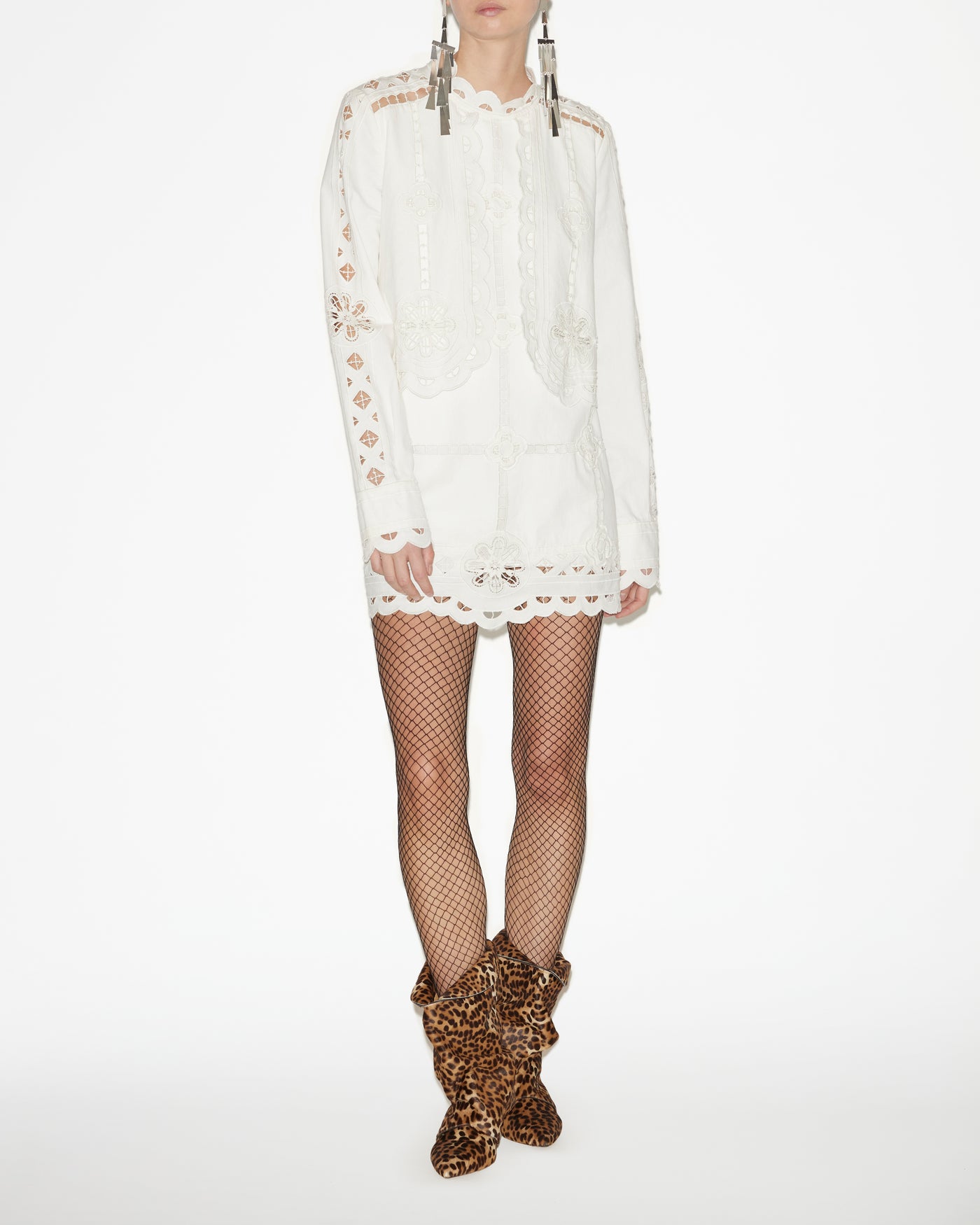 Vestido corto de algodón con bordado inglés - Blanco - Woman - 1