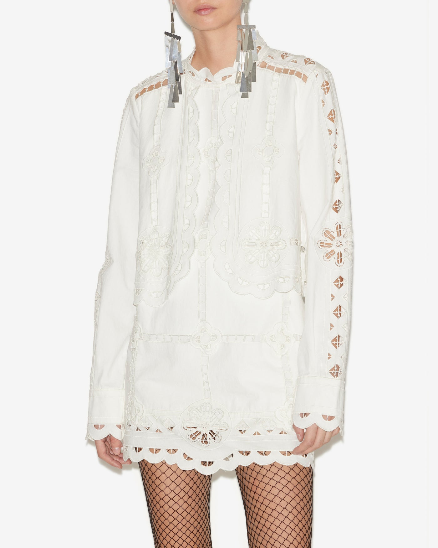 Vestido corto de algodón con bordado inglés - Blanco - Woman - 3