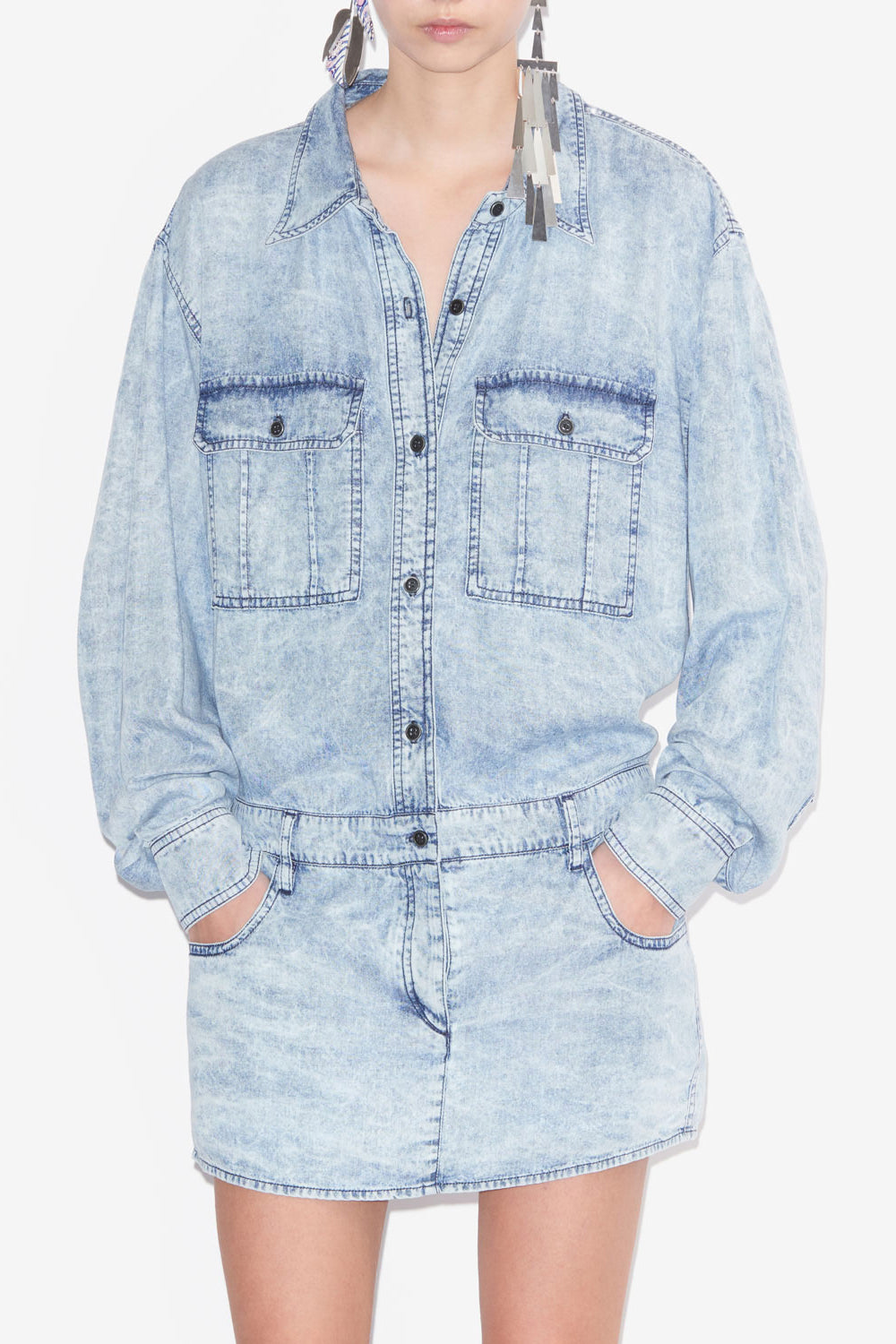 Abito palvina corto a camicia in chambray - Blu - Woman - 4