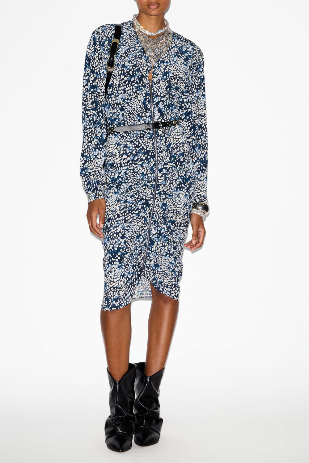 Abito hermina midi arricciato in misto seta - Midnight-white - Woman - 2