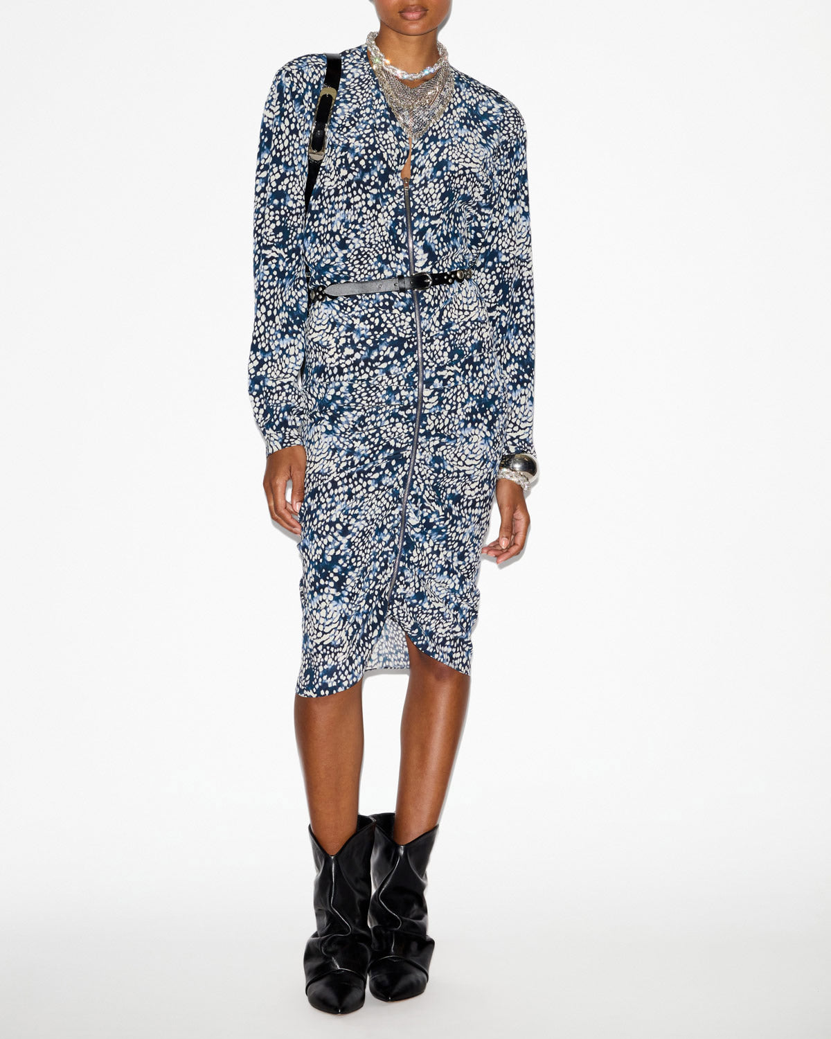 Abito hermina midi arricciato in misto seta - Midnight-white - Woman - 1