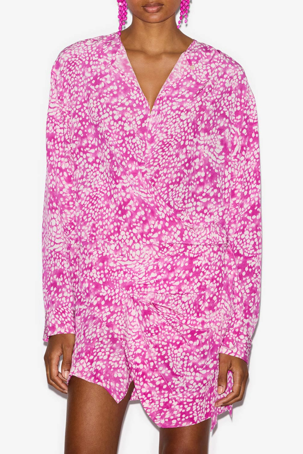 Abito habla corto asimmetrico in misto seta drappeggiato - Fuchsia-white - Woman - 4