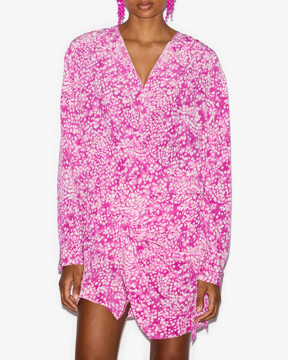 Abito habla corto asimmetrico in misto seta drappeggiato - Fuchsia-white - Woman - 3