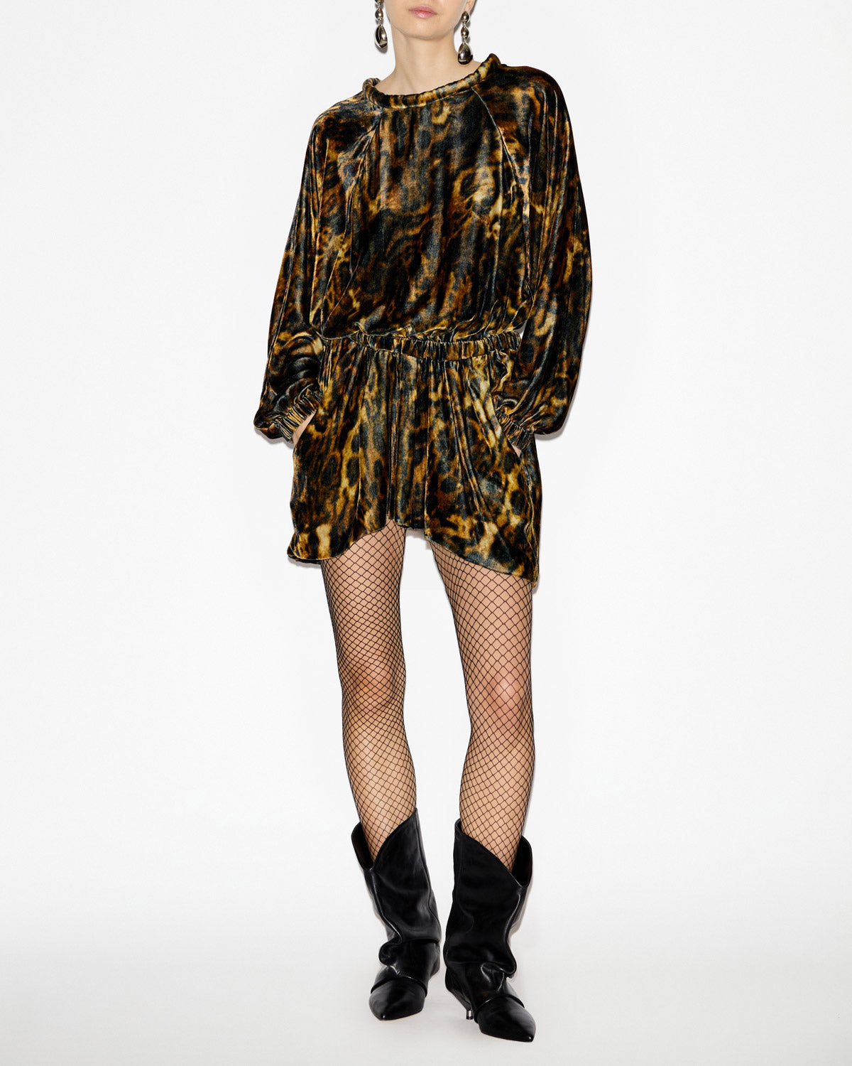 Abito lassie in velluto stampato arricciato - Leopard - Woman - 1