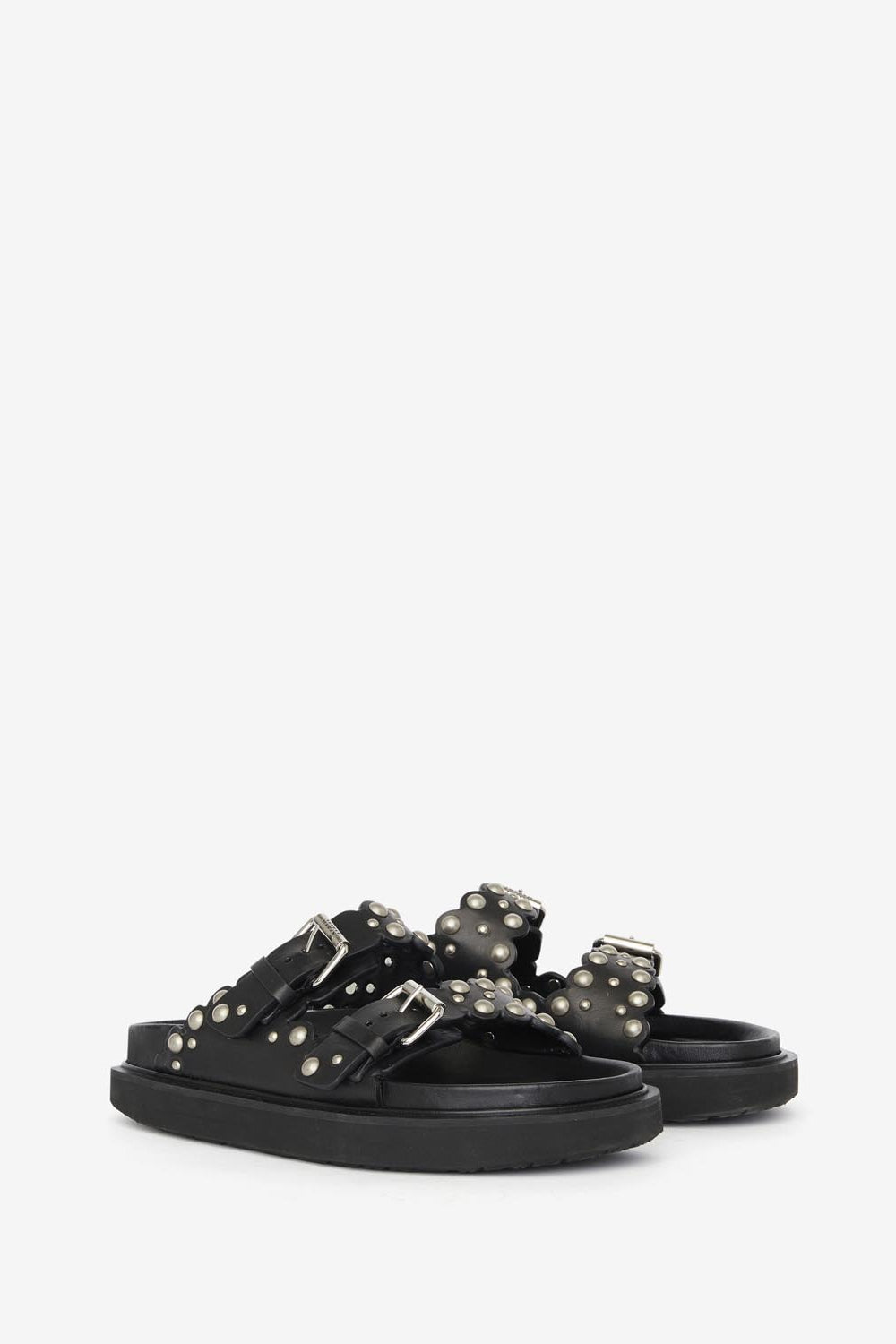 Sandalias planas de piel con tachuelas lennyo - Black and silver - Woman - 3