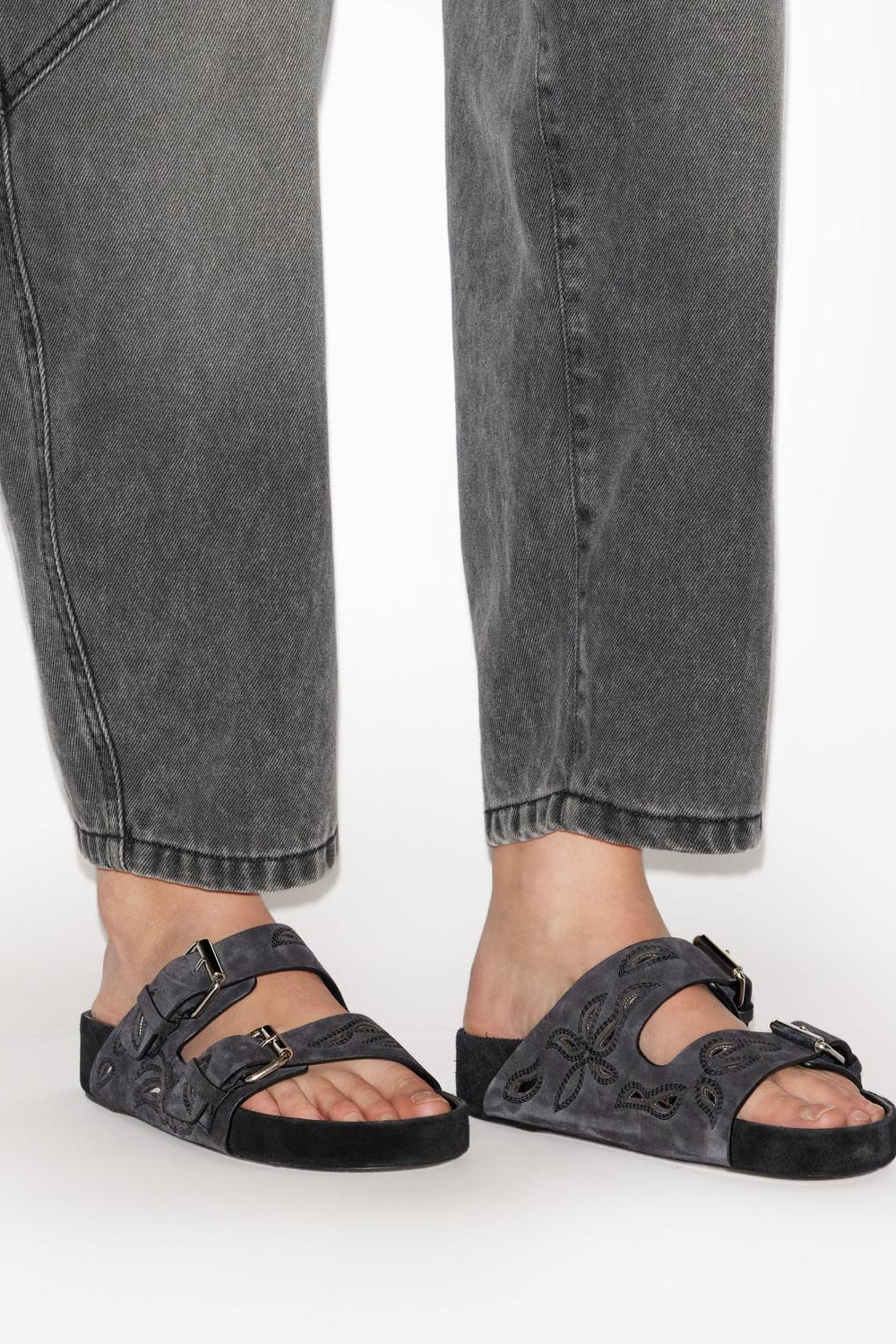 레뇨(lennyo) 세공 가죽 플랫 샌들 - Faded black-silver - Woman - 5