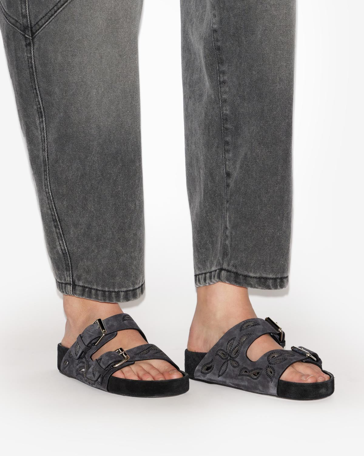 레뇨(lennyo) 세공 가죽 플랫 샌들 - Faded black-silver - Woman - 5