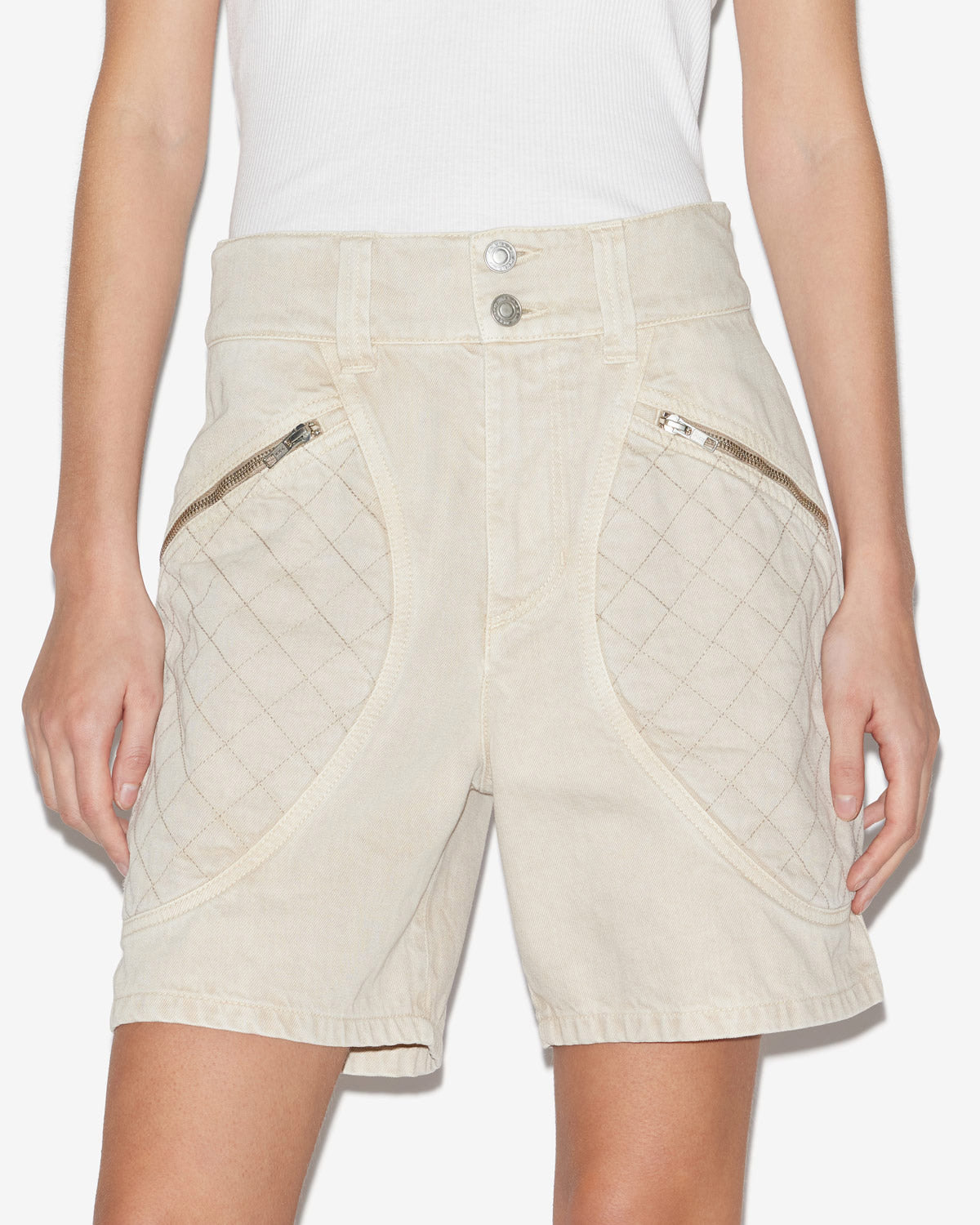 Candice denim shorts with topstitched yokes - Ecru - Woman - 3