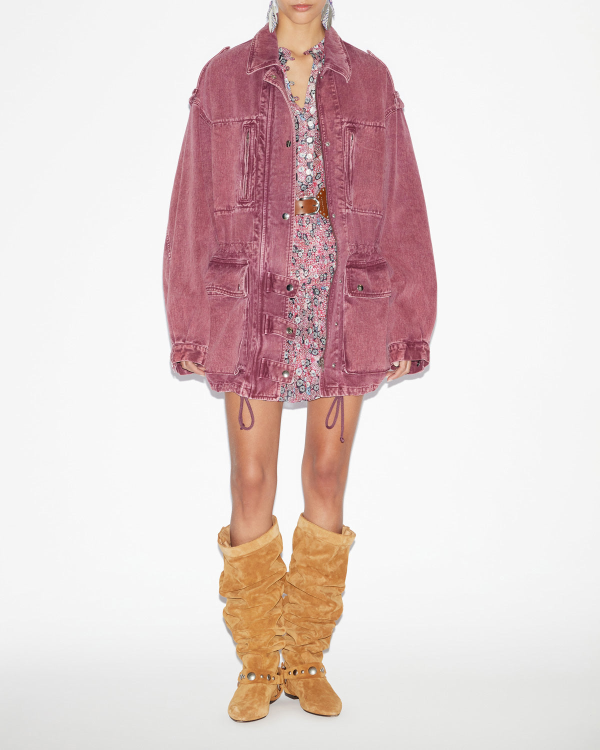 Kurze workwear-jacke aus einfarbigem denim joanna - Himbeere - Woman - 1