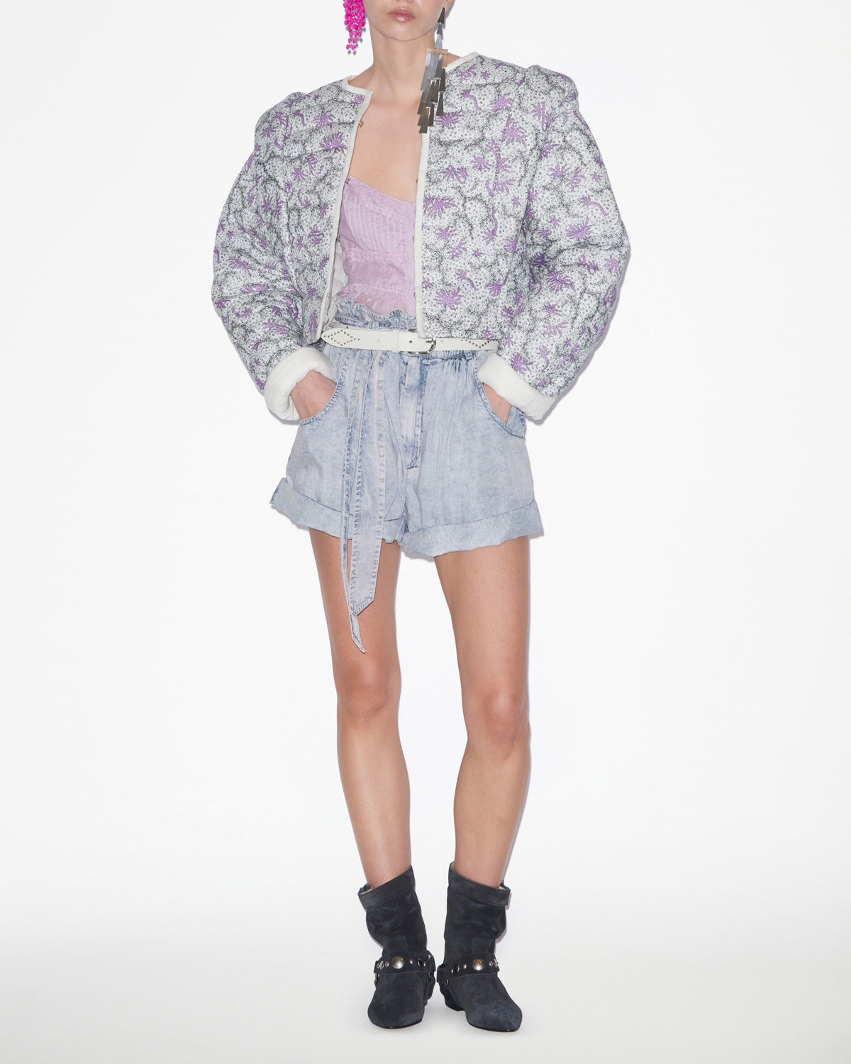 Drew short quilted jacket in printed cotton - Ecru-lilac - Woman - 1