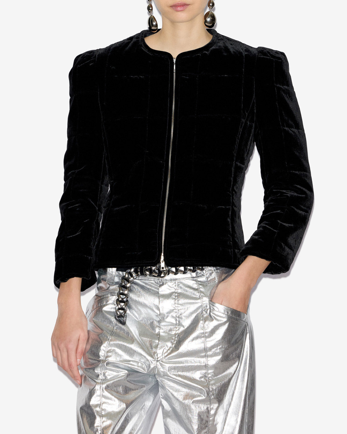 Chaqueta corta acolchada lisa de terciopelo djanet - Negro - Woman - 3