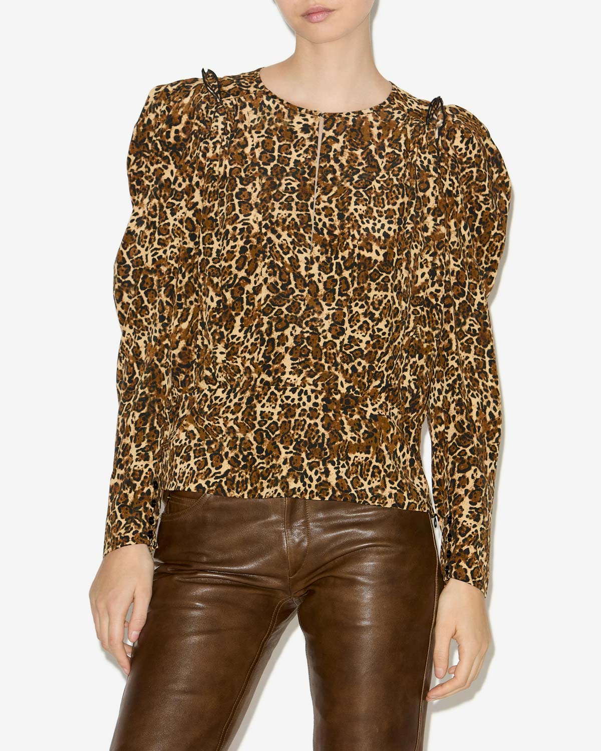 Blusa zarga de seda estampada con pliegues - Leopard - Woman - 3