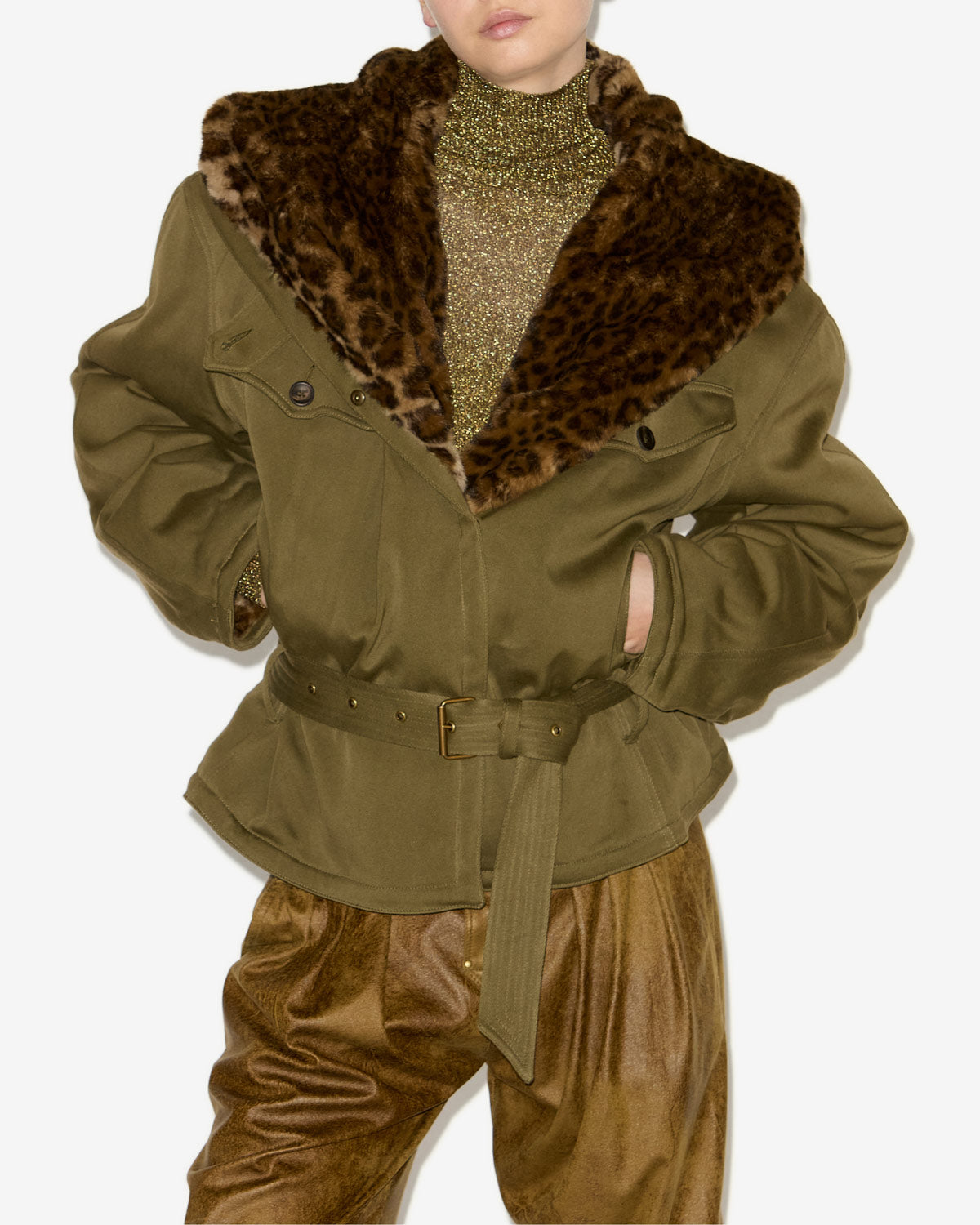 Jerika coat with a leopard print collar - Bronze - Woman - 3