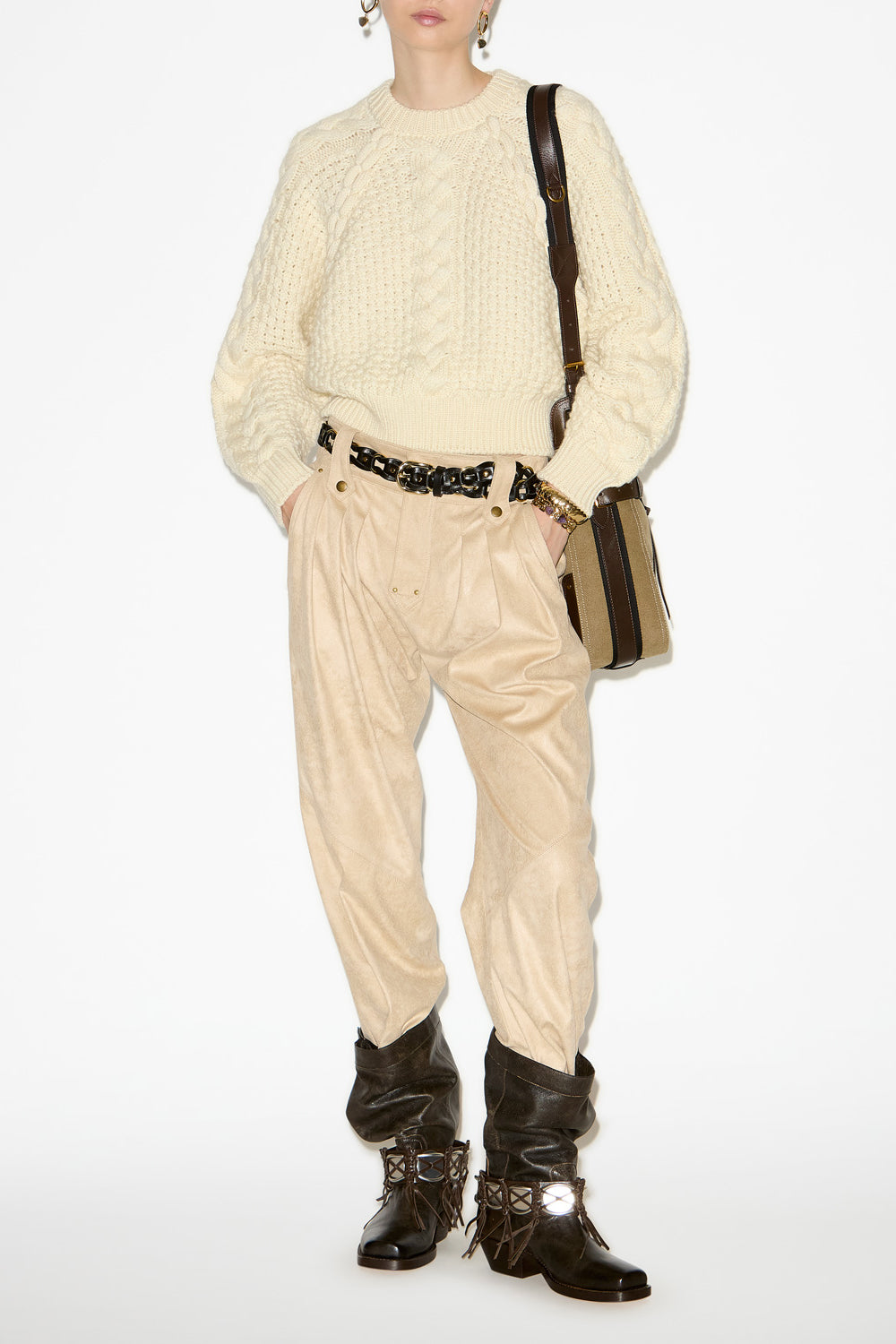 Obrero short cable knit sweater - Ecru - Woman - 2