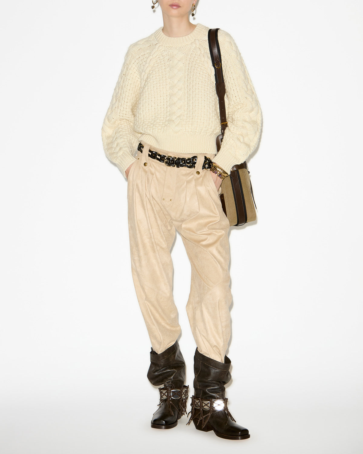 Obrero short cable knit sweater - Ecru - Woman - 1