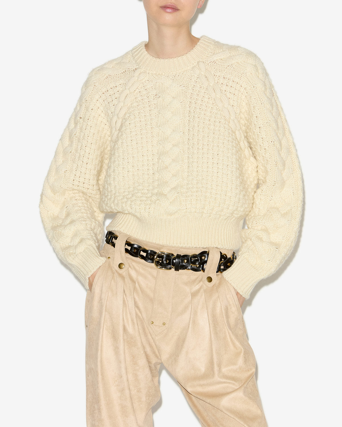 Obrero short cable knit sweater - Ecru - Woman - 3