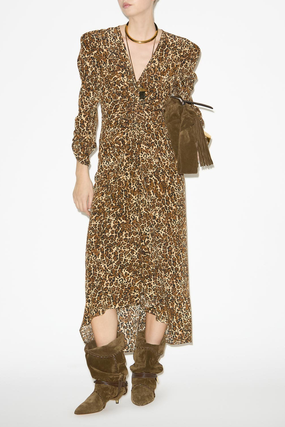 Robe albini midi froncée en soie mélangée - Léopard - Woman - 2