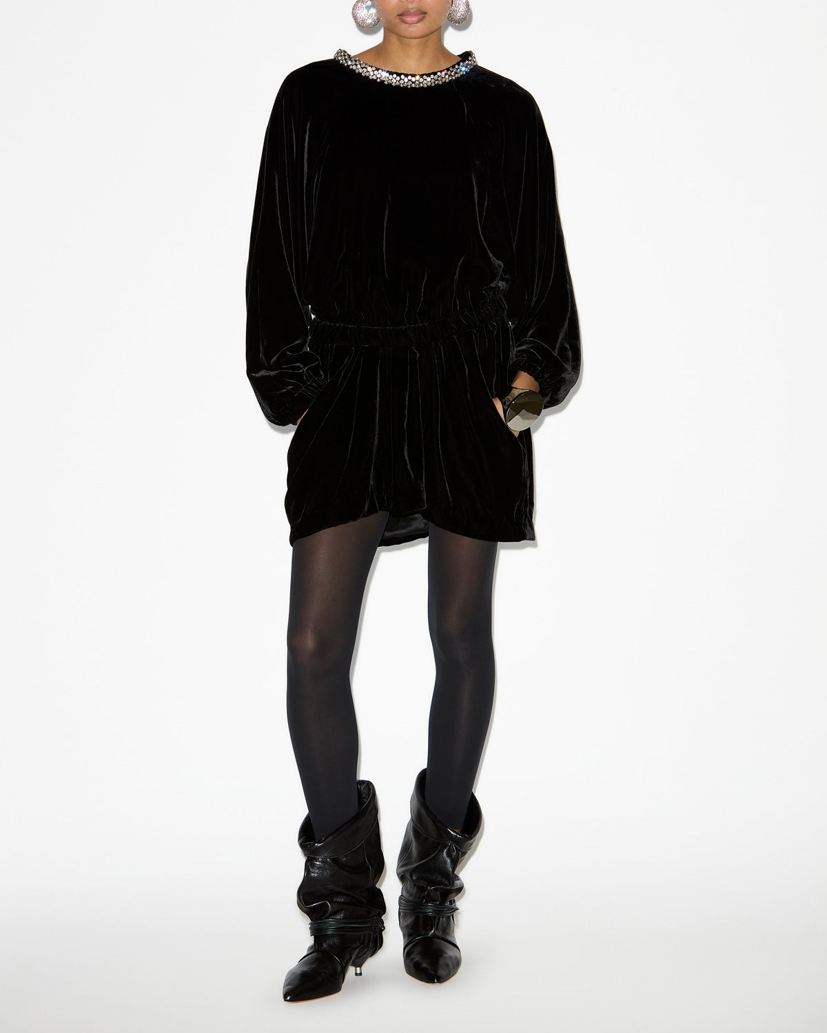 Robe beniga froncée en velours - Noir - Woman - 1