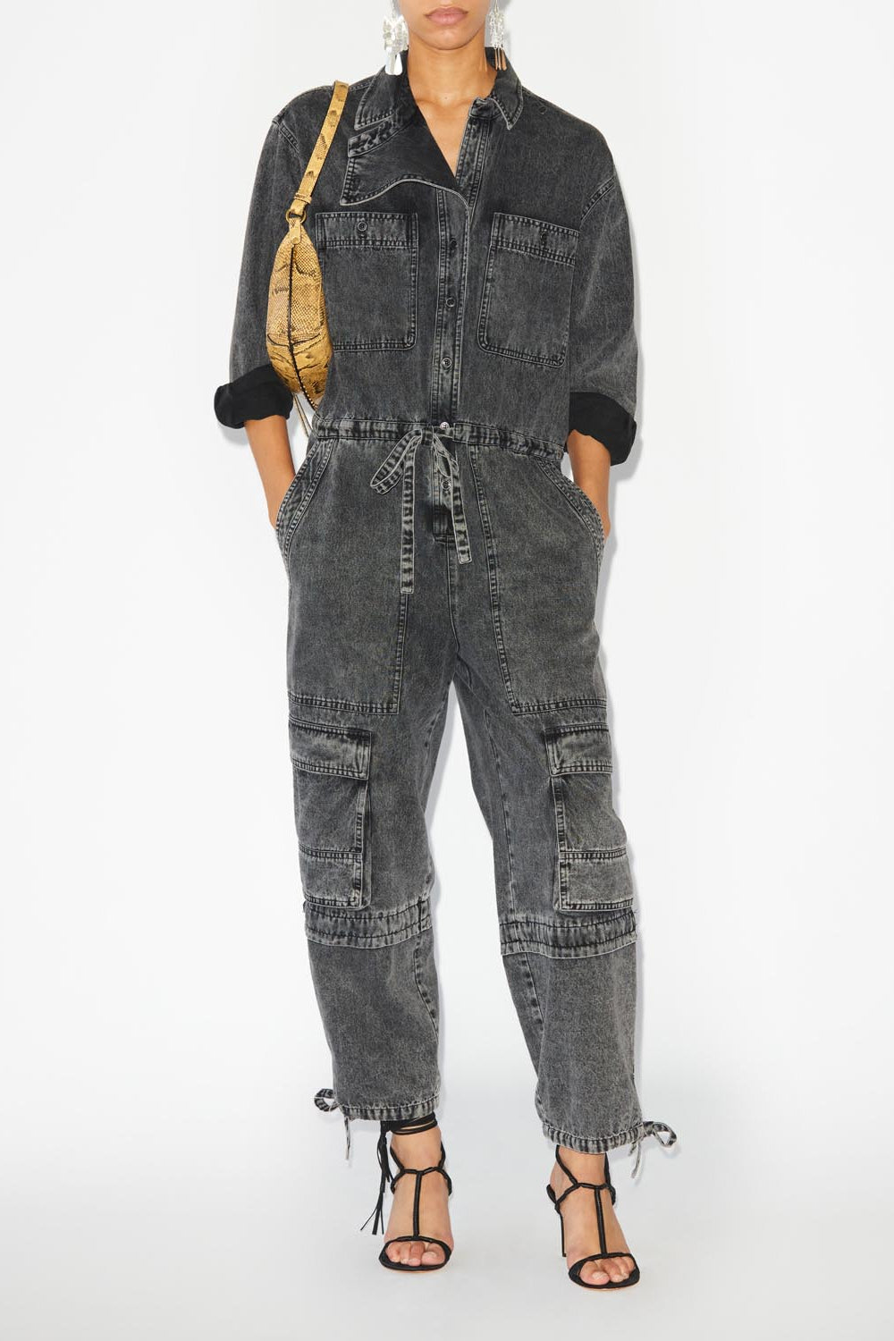 Idany cotton denim overall with long sleeves - Black - Woman - 2