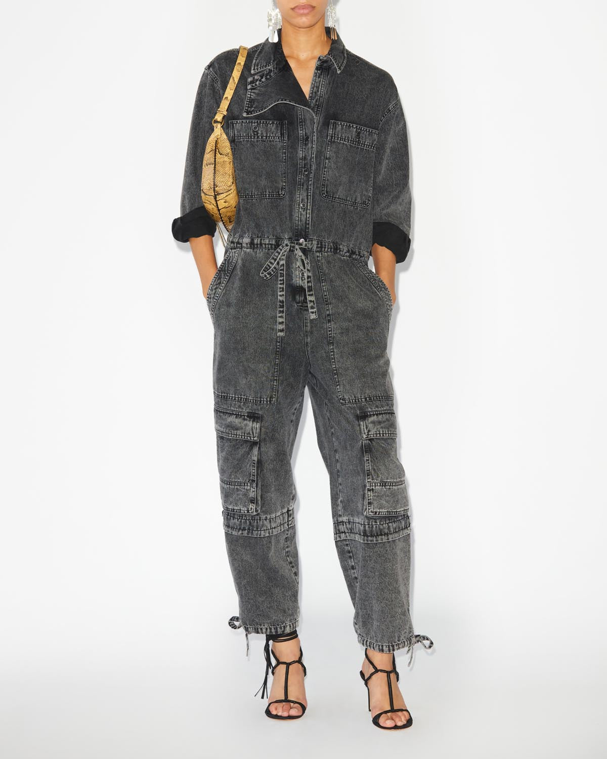 Idany cotton denim overall with long sleeves - ウォッシュドブラック - Woman - 1