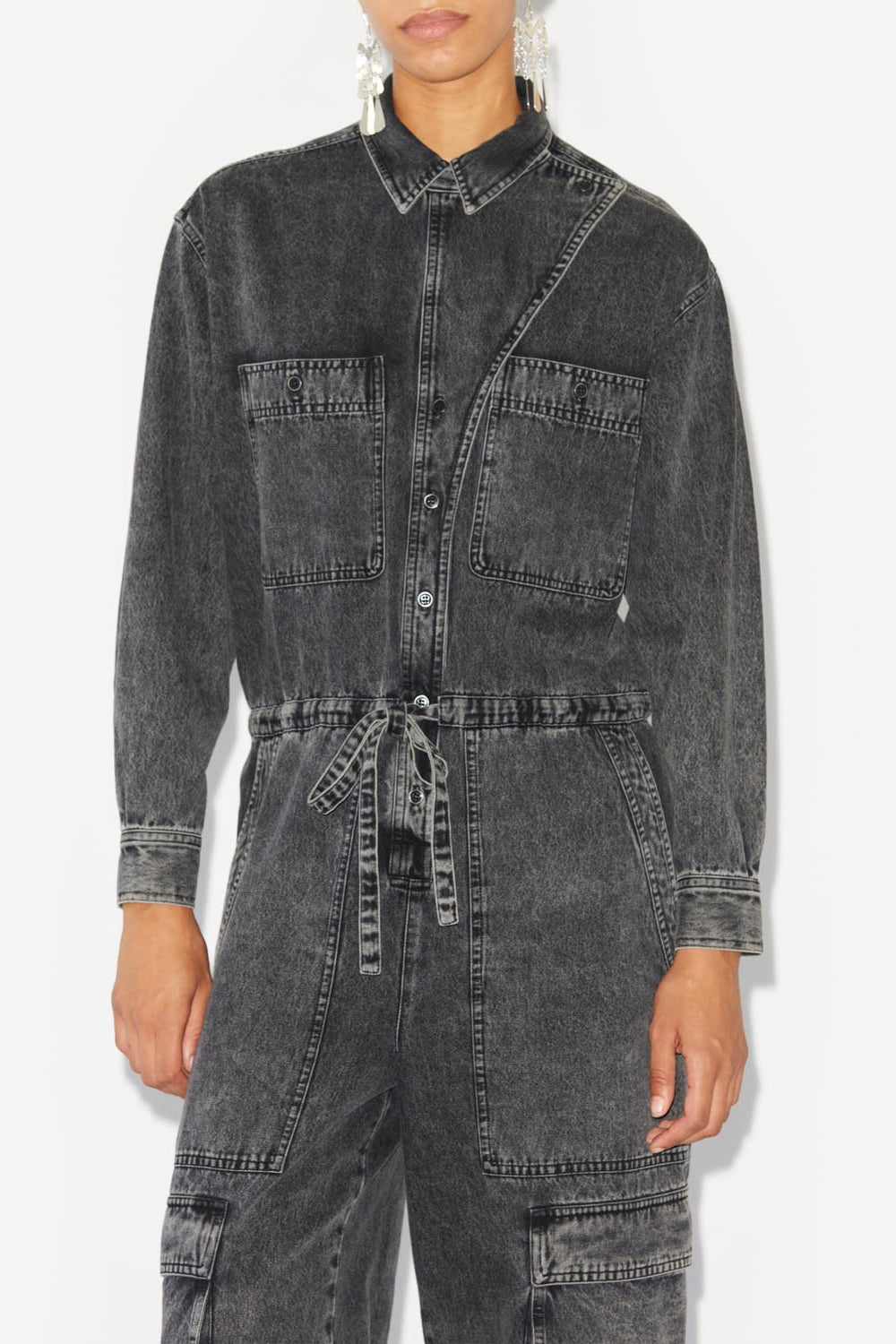Idany cotton denim overall with long sleeves - Black - Woman - 4