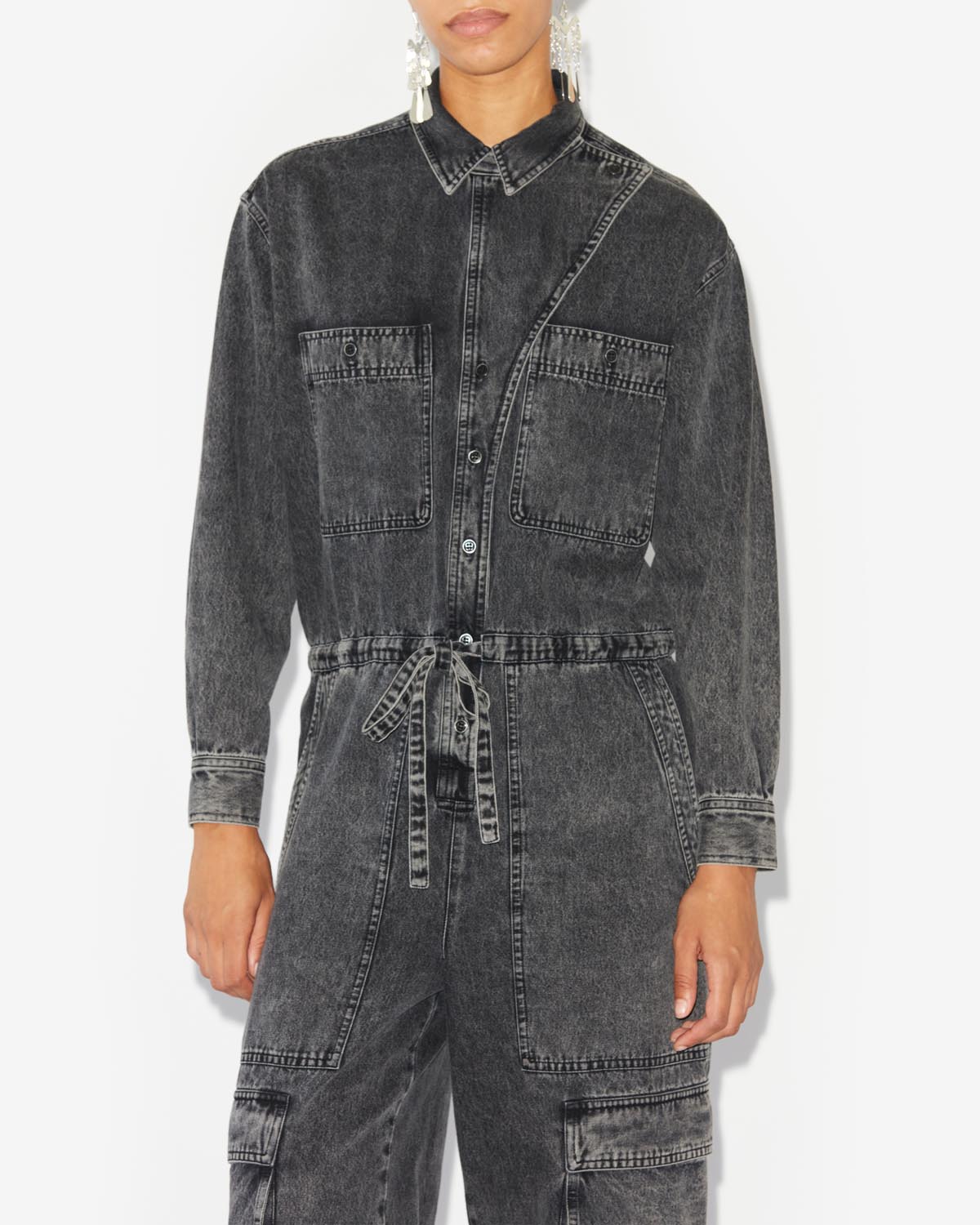 Idany cotton denim overall with long sleeves - ウォッシュドブラック - Woman - 3