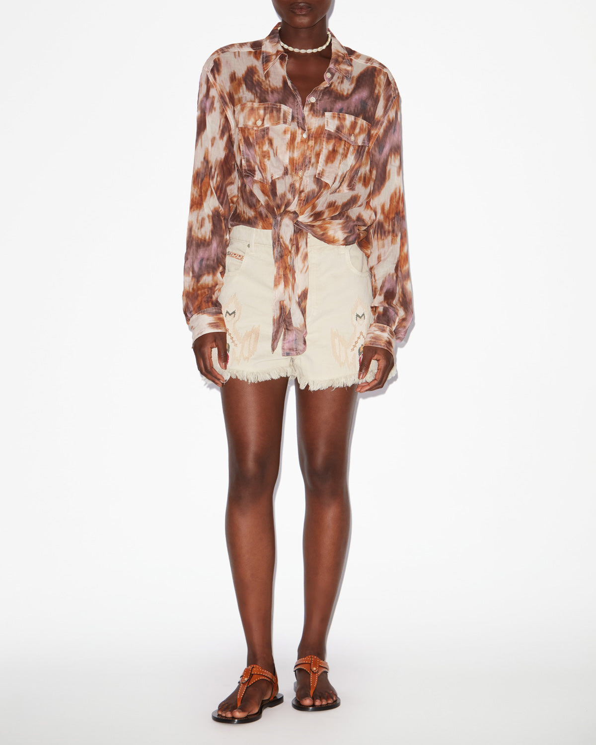 Nath プリント入りコットンボイル 前結びシャツ - Ecru-ochre - Woman - 1