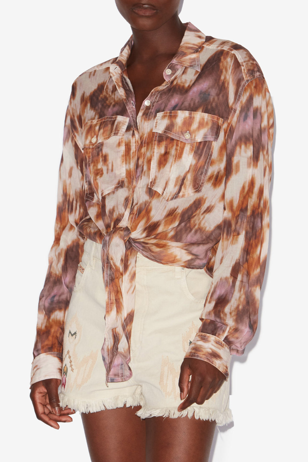 Camisa anudada de voile de algodón estampada nath - Ecru-ochre - Woman - 3