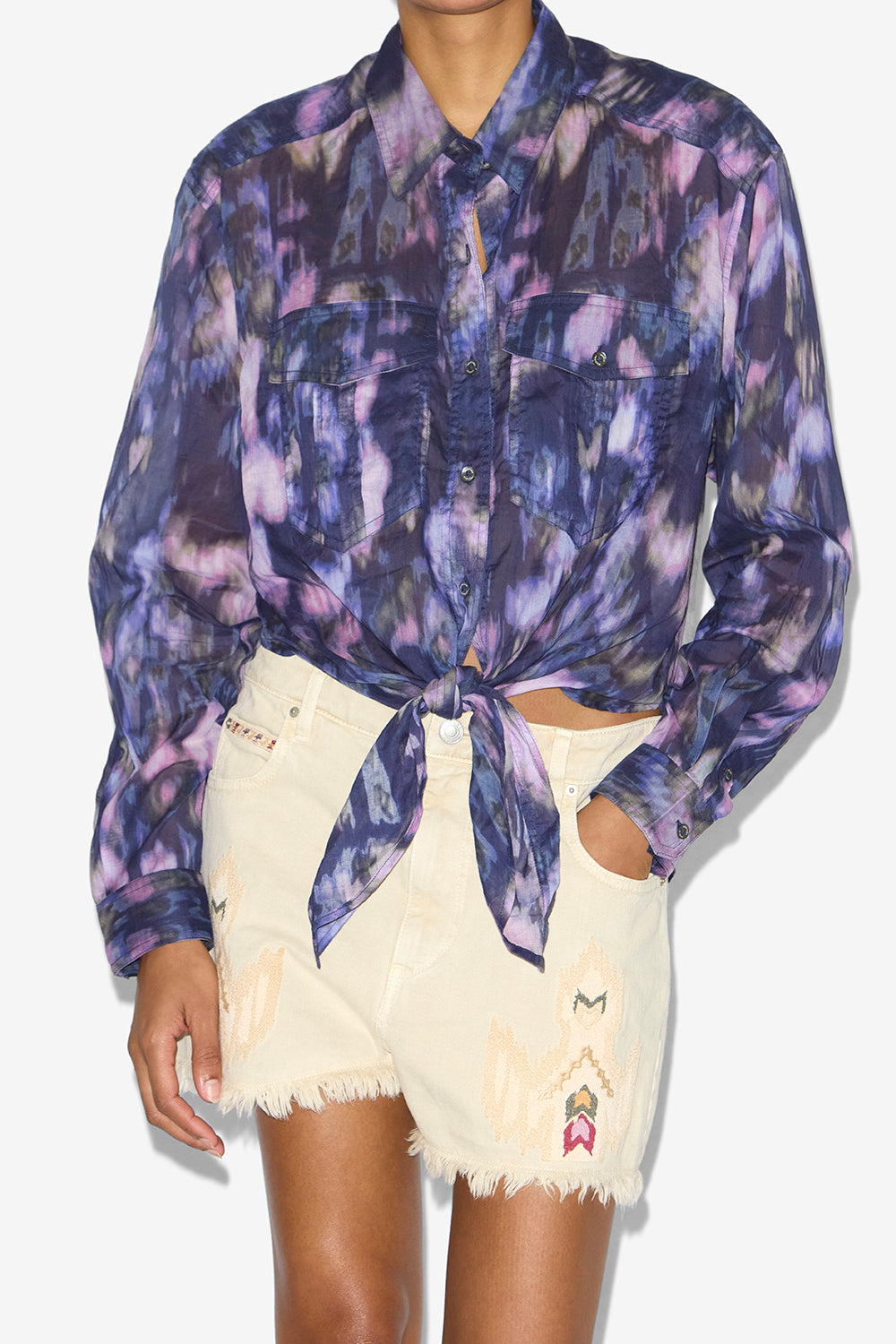 나스 프린트 코튼 베일 리본 디테일 셔츠 - Purple-lilac - Woman - 4