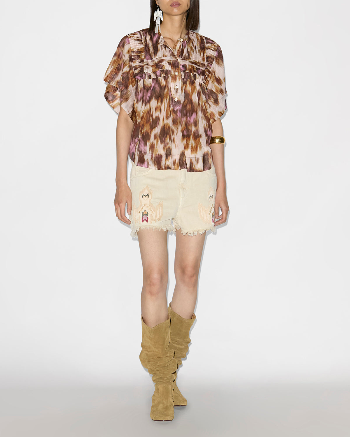 Haut leaza en voile de coton plissé imprimé - Écru-ocre - Woman - 1