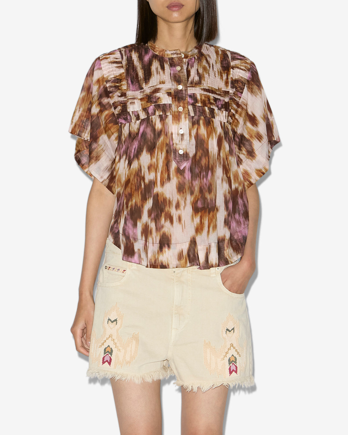 Haut leaza en voile de coton plissé imprimé - Écru-ocre - Woman - 3