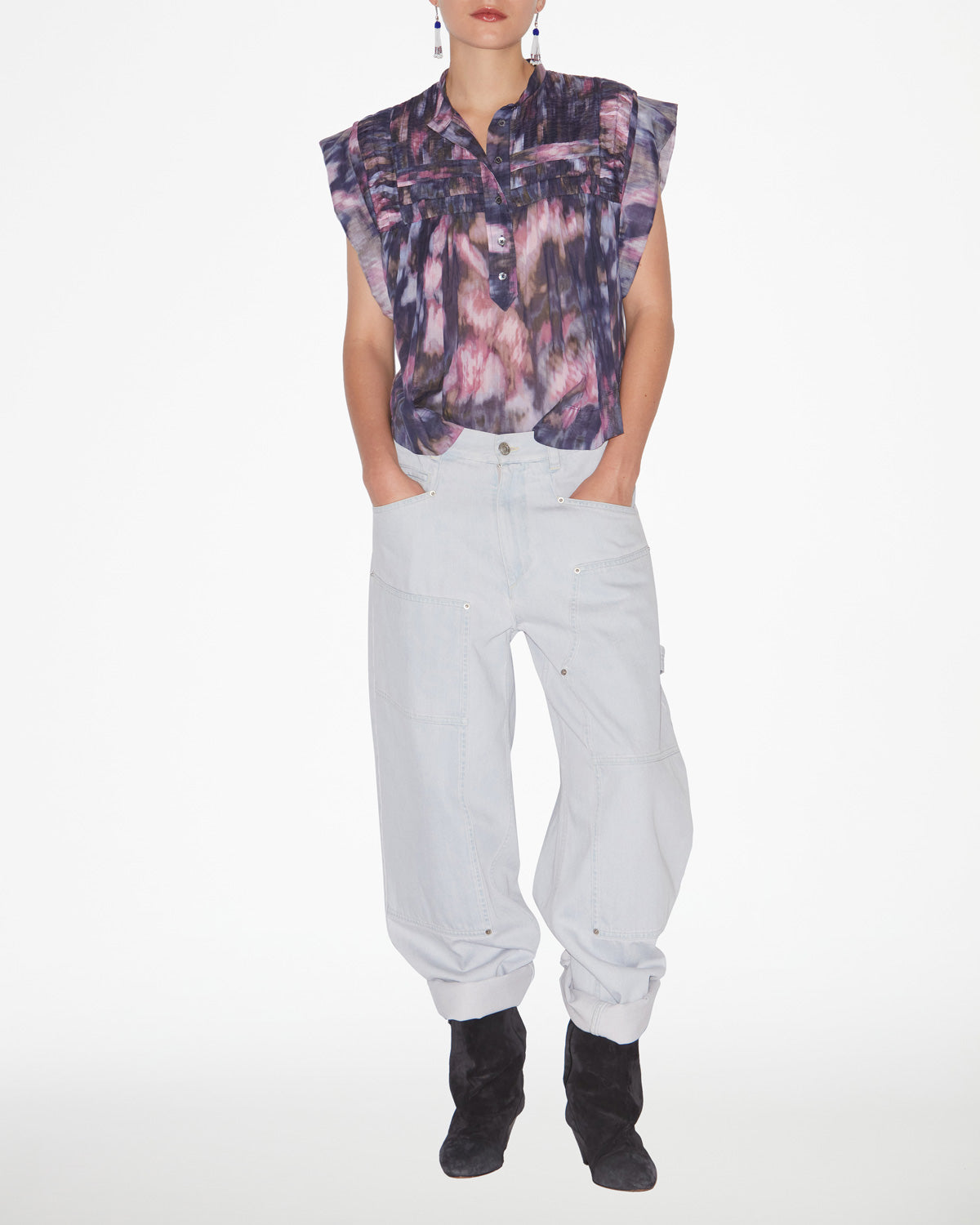 Leaza printed pleated cotton voile top - Purple-lilac - Woman - 1