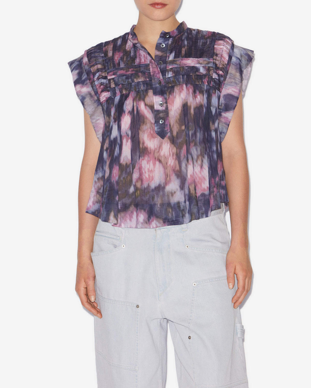 Leaza printed pleated cotton voile top - Purple-lilac - Woman - 3