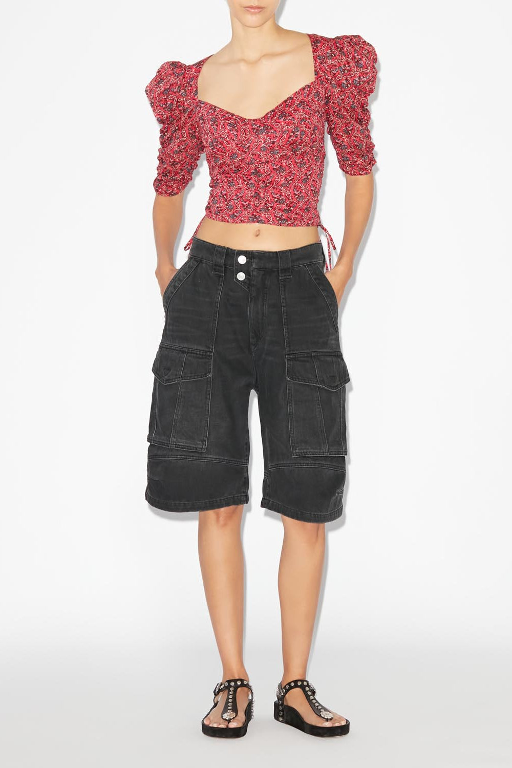 Galaor ruched short cotton blouse - Cranberry - Woman - 2