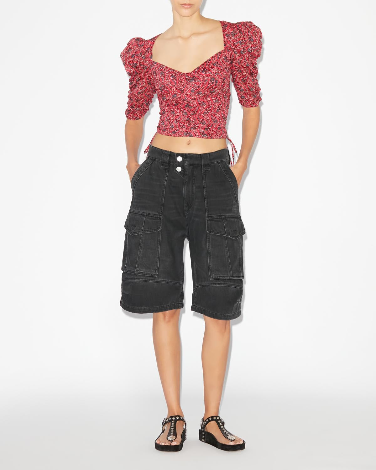 Galaor ruched short cotton blouse - Cranberry - Woman - 1