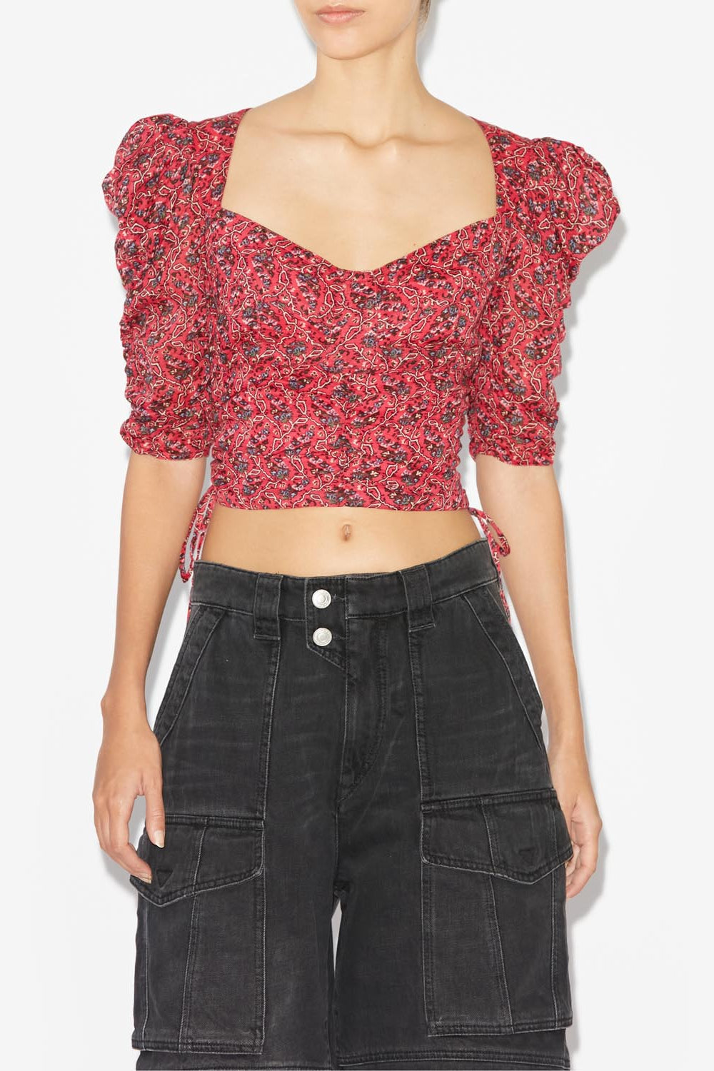 Galaor ruched short cotton blouse - Cranberry - Woman - 4