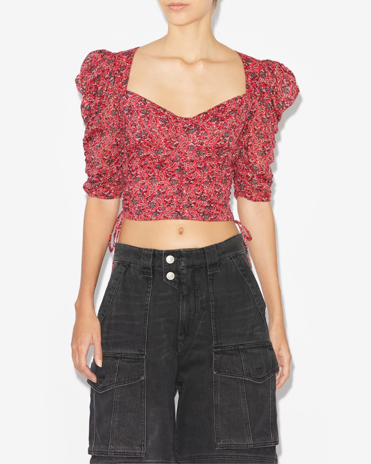 Galaor ruched short cotton blouse - Cranberry - Woman - 3