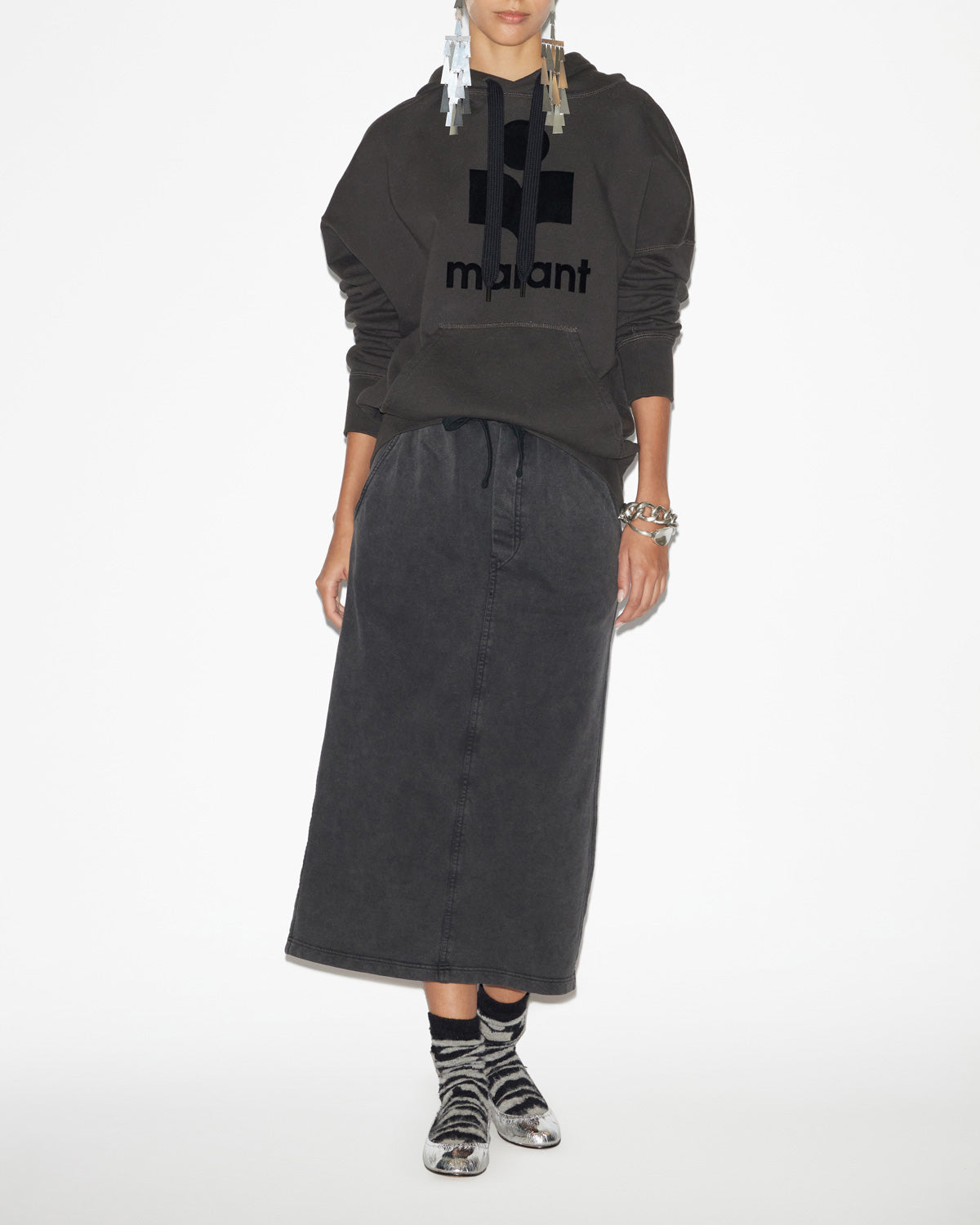 Jupe noreen midi en coton effet jogger - Noir délavé - Woman - 1