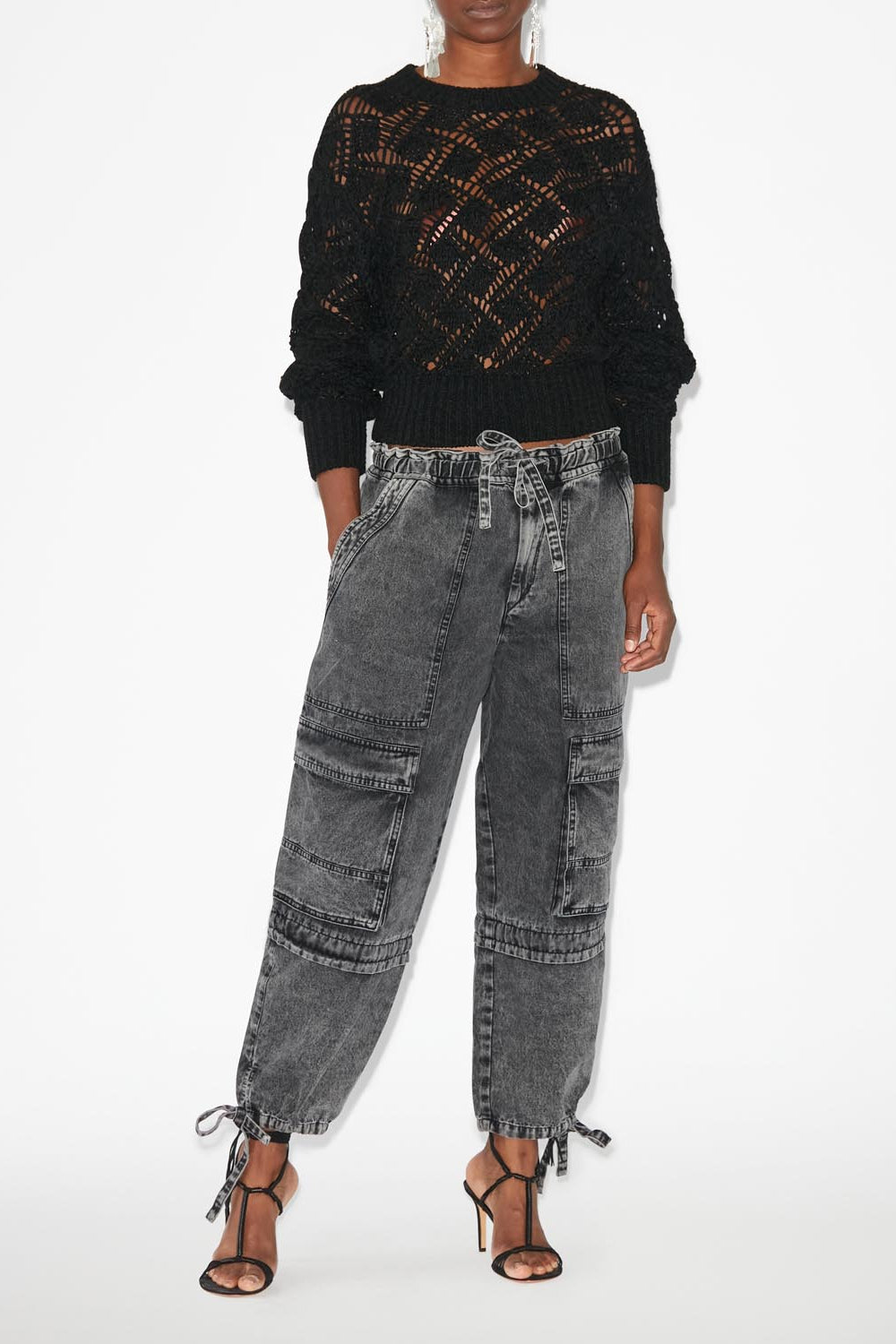 Denim pants with cargo pockets - Black - Woman - 2