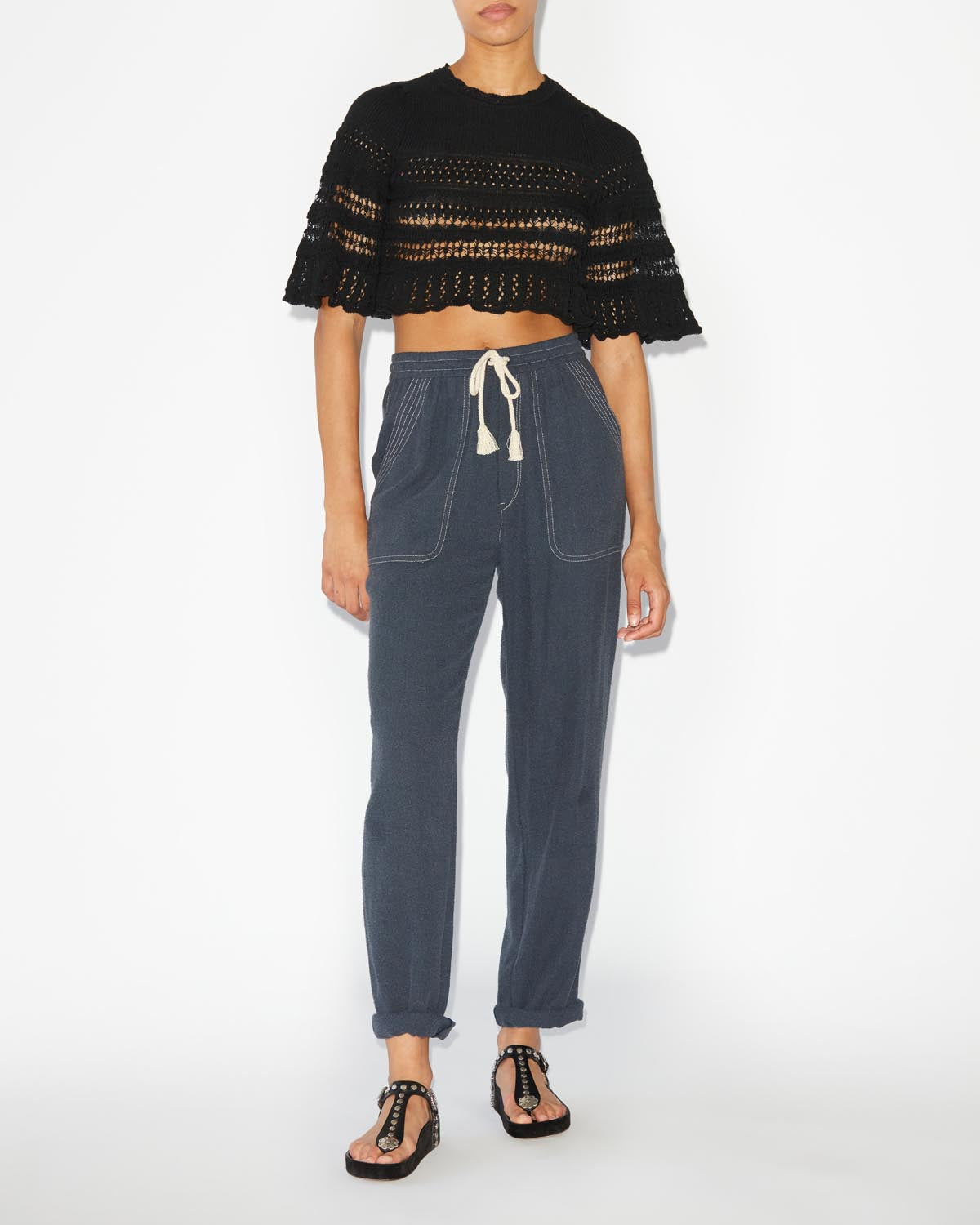 Frizy crochet knit cropped top - 검은색 - Woman - 1