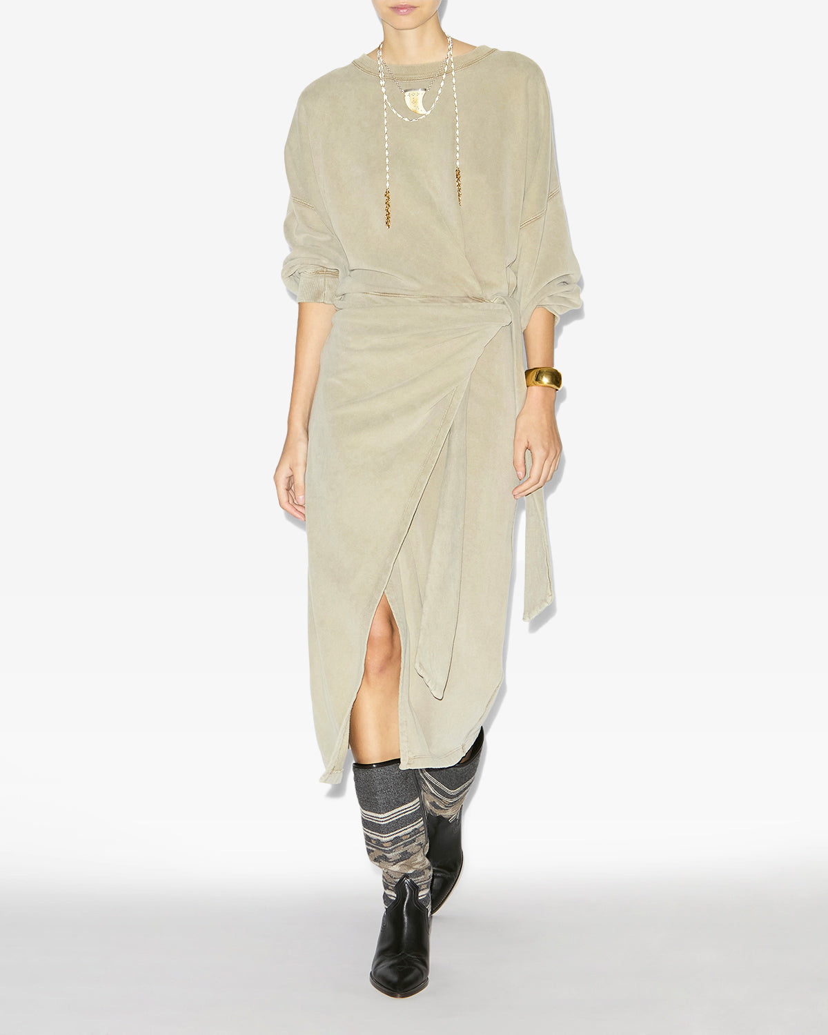 Sandrina long draped jersey sweatshirt dress - Light khaki - Woman - 1